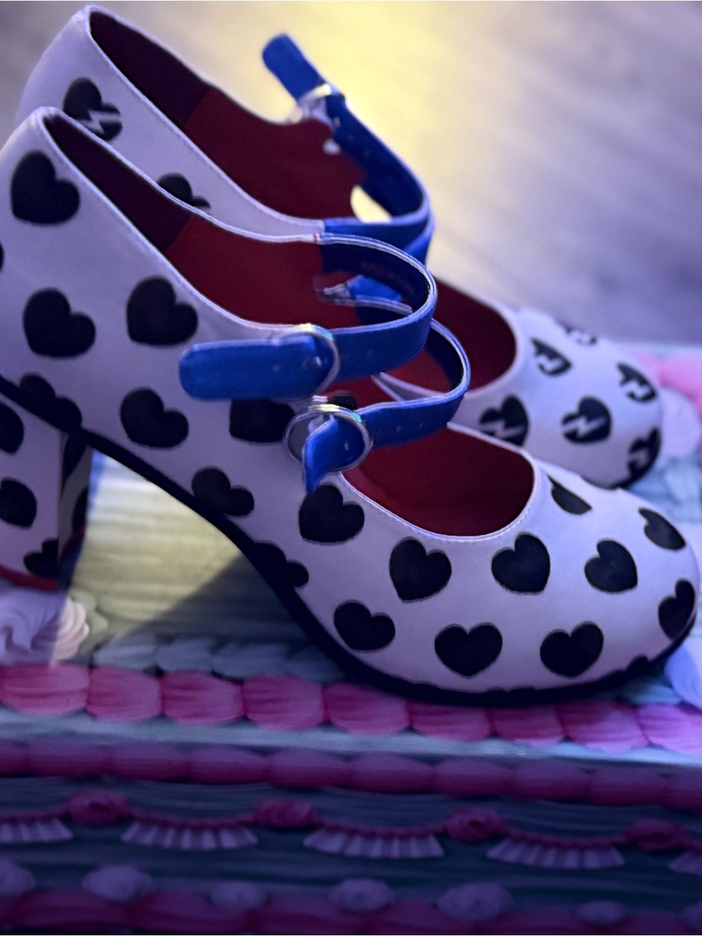 Heart-Print Mary Jane Heels with Blue Strap